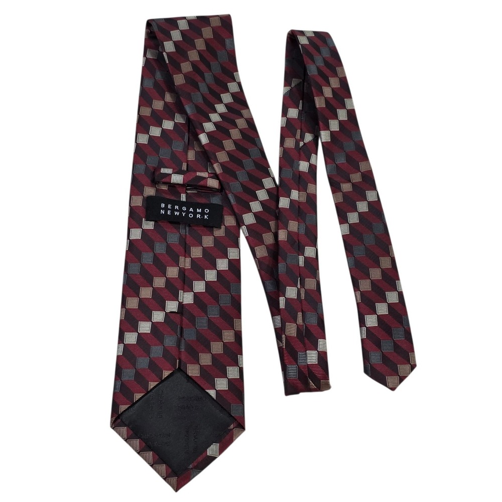 BERGAMO NEW YORK Geometric Pattern Silk Blend Necktie Burgundy Gold Men's Office